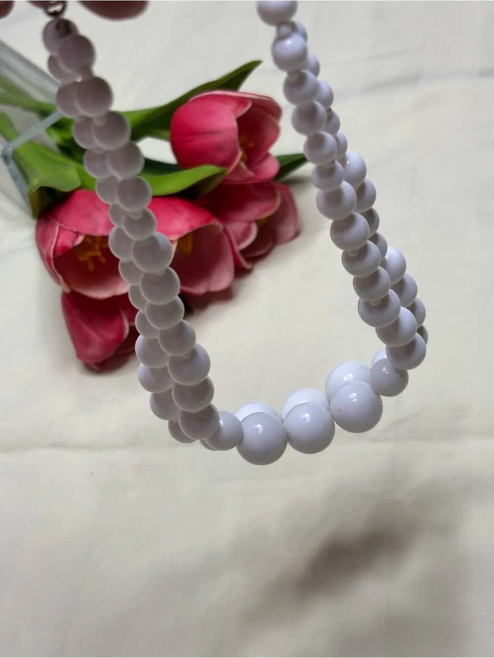 Double-Strand White Graduated Bead Statement Necklace - Silver Tone Clasp